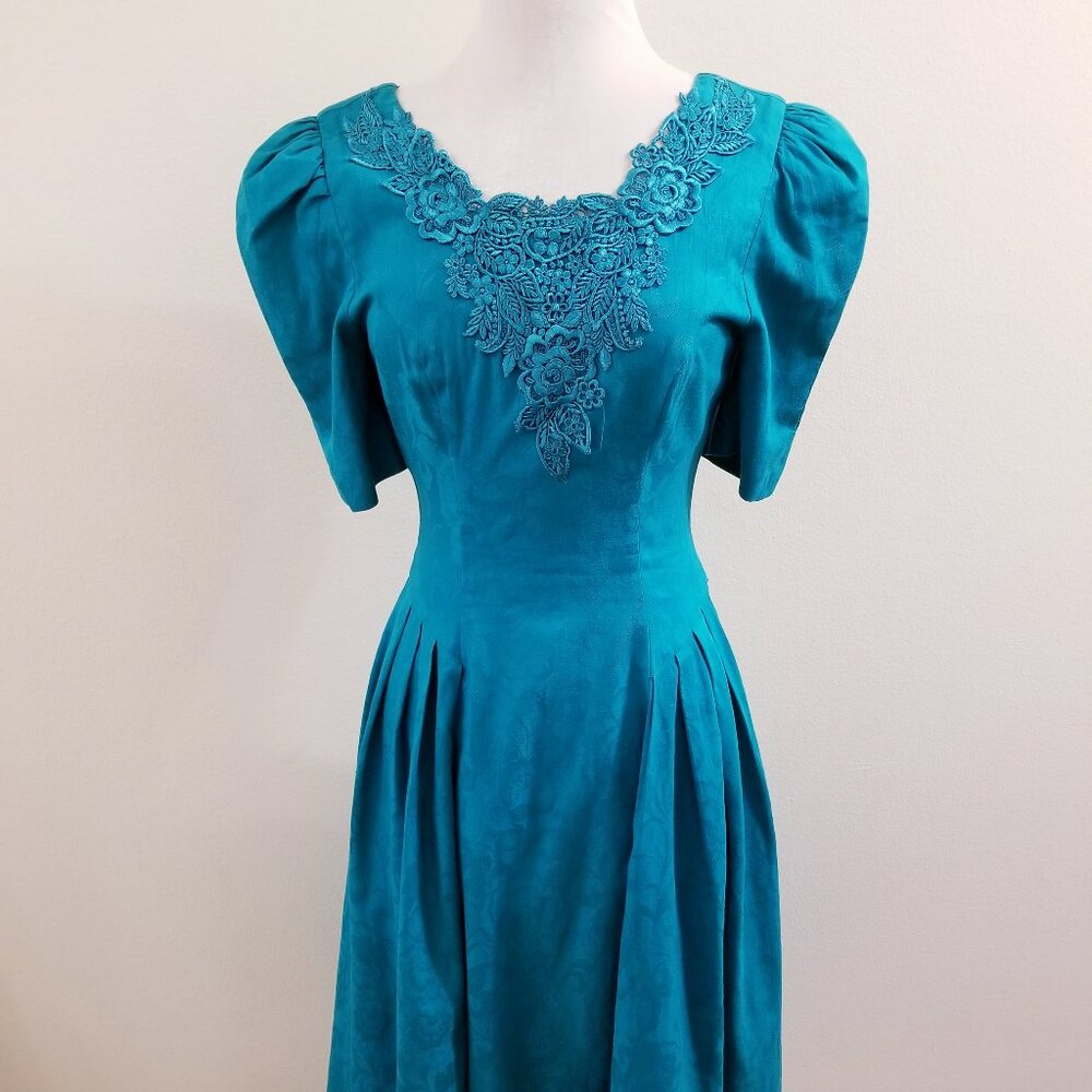 80s Vintage Nancy Johnson Green Cotton Brocade Prom Dress - Size 4 - Fit & Flare